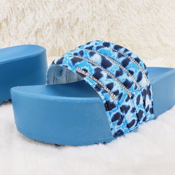 Beach Day Blue Leopard Slip on Platform Sandals Rhinestone Details - Picture 10 of 12